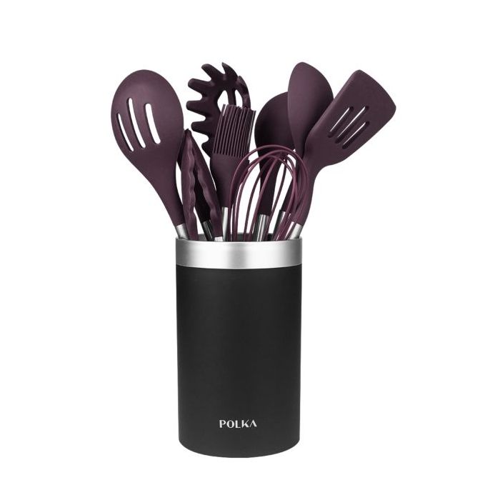 Cecotec Polka Experience Titan Pack de 9 Utensilios de Cocina - Mango de Acero y Caucho Termoplastico - Silicona Antiadherente - Resistente hasta 220°C - Incluye Soporte - Libre de BPA - Color Morado