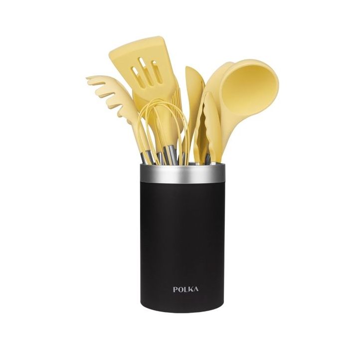 Cecotec Polka Experience Vulcano Pack de 9 Utensilios de Cocina - Mango de Acero y Caucho Termoplastico - Silicona Antiadherente - Resistente hasta 220°C - Soporte - Libre de BPA - Color Amarillo Pastel