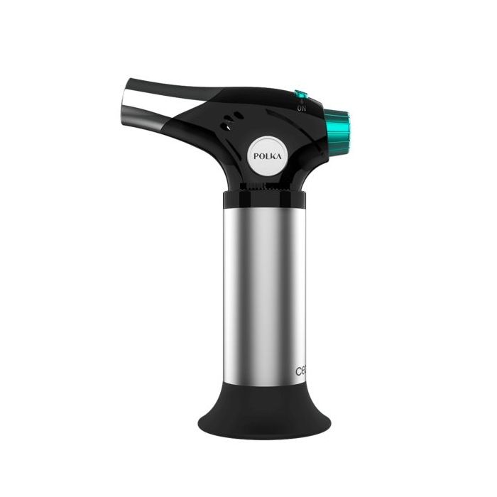 Cecotec Polka Flame-Cook 1000 Steel Soplete de Cocina - Alcanza 1300°C - Regulador de Llama - Bloqueo de Seguridad - Compacto - Recetario - Espatula y Pincel - Facil de Usar - Color Negro y Plata