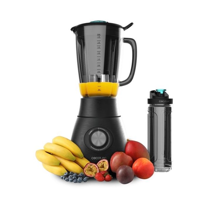 Cecotec Power Black Titanium 1800 Go Batidora de Vaso - Potencia de 1800W - Cuchilla de Titanio - Jarra de Vidrio 1.8L - 5 Velocidades - Incluye Botella Portatil - Funcion Turbo - Color Negro