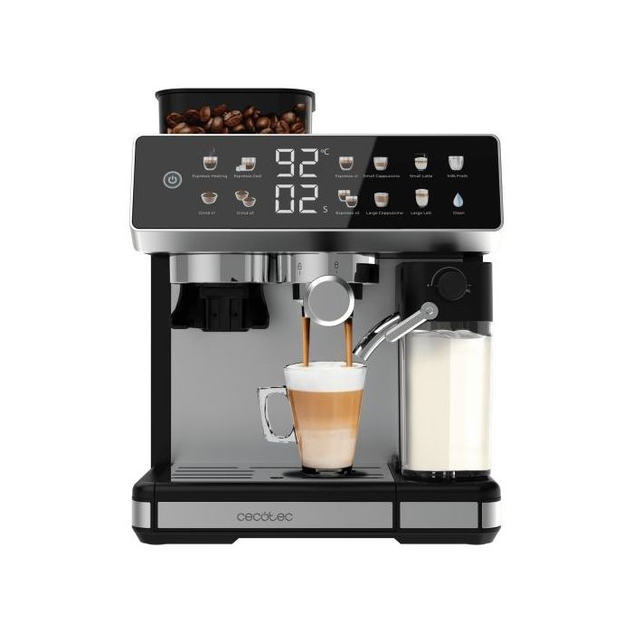 Cecotec Power Espresso 20 Barista Grind and Latte Cafetera Expresso - 1350W - Molinillo Conico Ajustable - Deposito Leche 500ml - Pantalla Tactil - 20Bar - Deposito Agua 2.6L - Autolimpieza - Color Negro