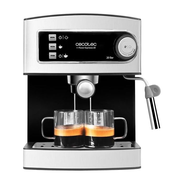Cecotec Power Espresso 20 Cafetera Express Automatica - Potencia de 850W - Bomba de 20 Bares - Deposito de 1.5L - Doble Salida - Vaporizador Orientable - Acero Inoxidable