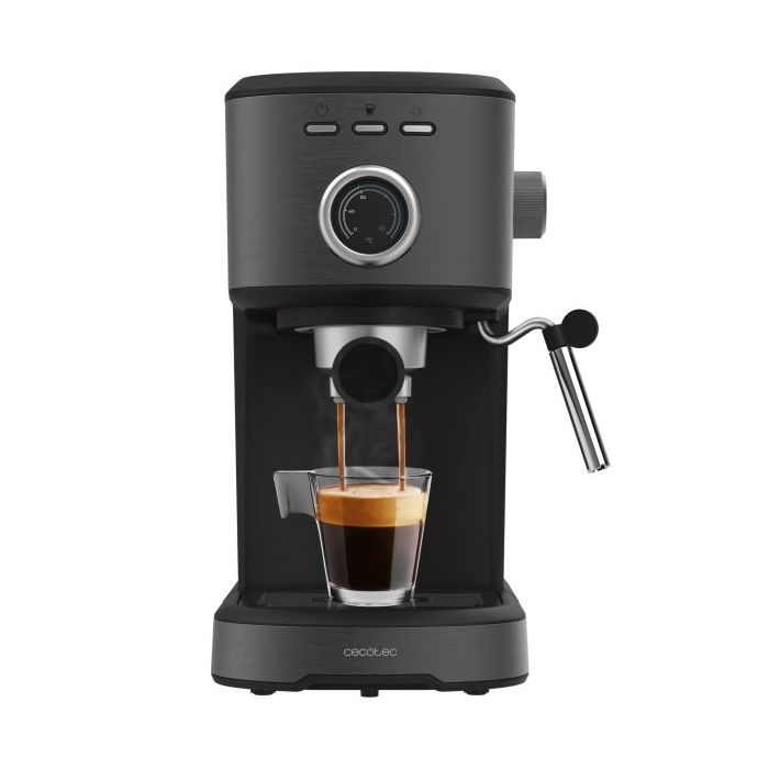 Cecotec Power Espresso 20 Pecan Steel Cafetera Expresso - 1100W - 20Bar - Vaporizador Orientable - Capacidad Deposito 1.25L - Calienta Tazas - Control de Temperatura en Salida - Color Negro