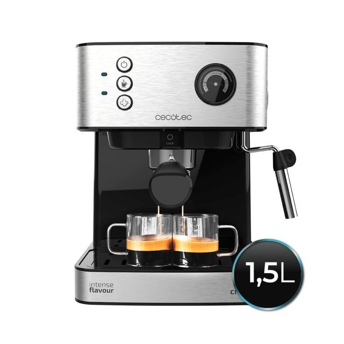 Cecotec Power Espresso 20 Professionale Cafetera Expresso con Vaporizador - Capacidad 1.5L - Presion 20bar - Deposito de 1.5L - Acero Inoxidable - Vaporizador - Calientatazas - Color Negro y Plateado