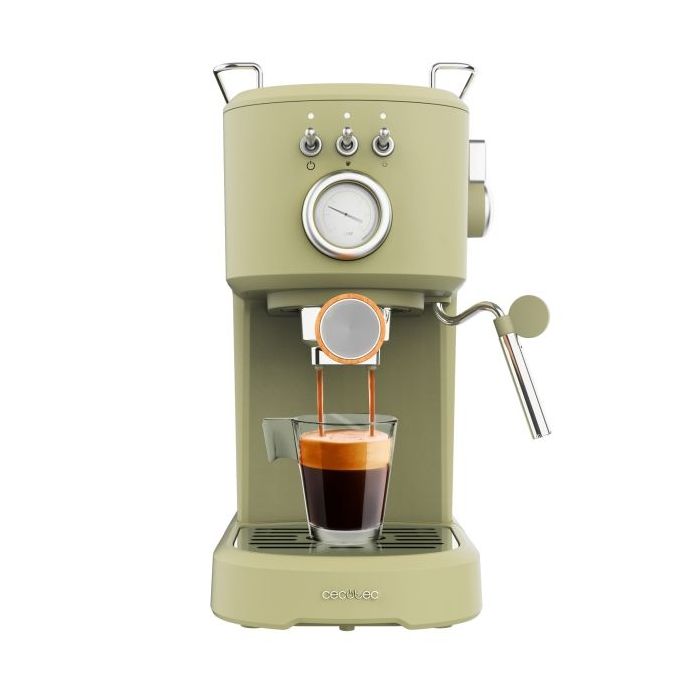 Cecotec Power Espresso 20 Retro Green Cafetera Expresso - 1100W - 20Bar - Vaporizador Orientable - Doble Salida de Cafe - Deposito 1.25L Extraible - Calienta Tazas - Manometro de Presion - Color Menta