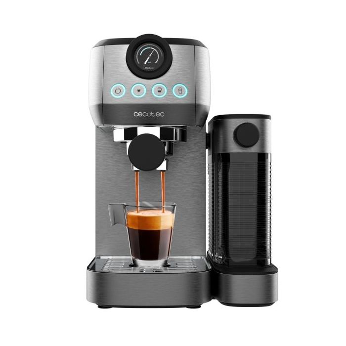 Cecotec Power Espresso 20 Steel Pro Latte Cafetera Expresso - 1350W - 20Bar - Calentamiento Rapido y Homogeneo - Deposito Leche 700ml - Deposito Agua 1.3L - Calienta Tazas - Color Gris Metalizado