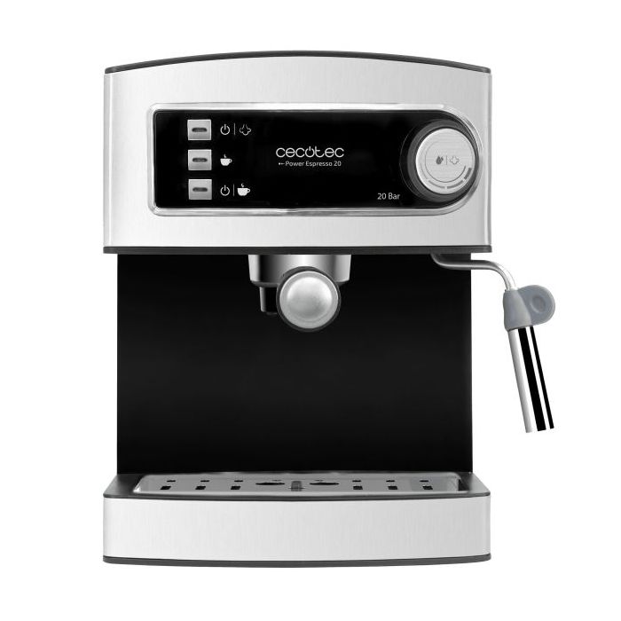 Cecotec Power Espresso Cafetera Expresso - 850W - 20Bar - Deposito 1.6L Extraible - Doble Salida - Vaporizador Orientable - Calienta Tazas - Acabados en Acero Inoxidable - Color Negro y Plata