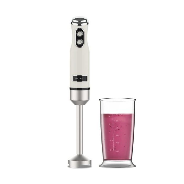 Cecotec Power RetroBeige 1200MAX Batidora de Mano - Potencia 1200W - Vaso de 0.5L - Velocidad Ajustable - Apto para Lavavajillas - Cuchillas Recubiertas de Titanio - Color Beige