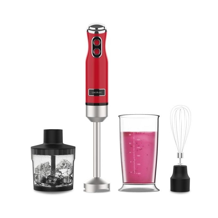 Cecotec Power RetroRed 1200MAX Cream and Crush Batidora de Mano - 1200W - Vaso de 0.5L - Velocidad Ajustable - Apto para Lavavajillas - Cuchillas Recubiertas de Titanio - Color Rojo