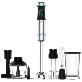 Cecotec Power TitanBlack 1200 XL PerfectCreamandCrush Batidora de Mano - 1200W - Cuchillas de Titanio - Campana Antisalpicaduras - Turbo - Vaso 800ml - Picadora de 600ml - 6.8x6.8x48cm - Color Negro