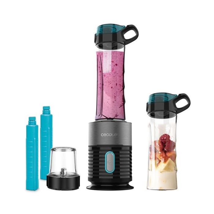 Cecotec Power Titanium Fresh and Go Batidora de Vaso - 650W -  2 Vasos de 600ml - Tubos Refrigeradores Incluidos - 4 Cuchillas Recubiertas de Titanio - Picahielos - Color Negro y Gris