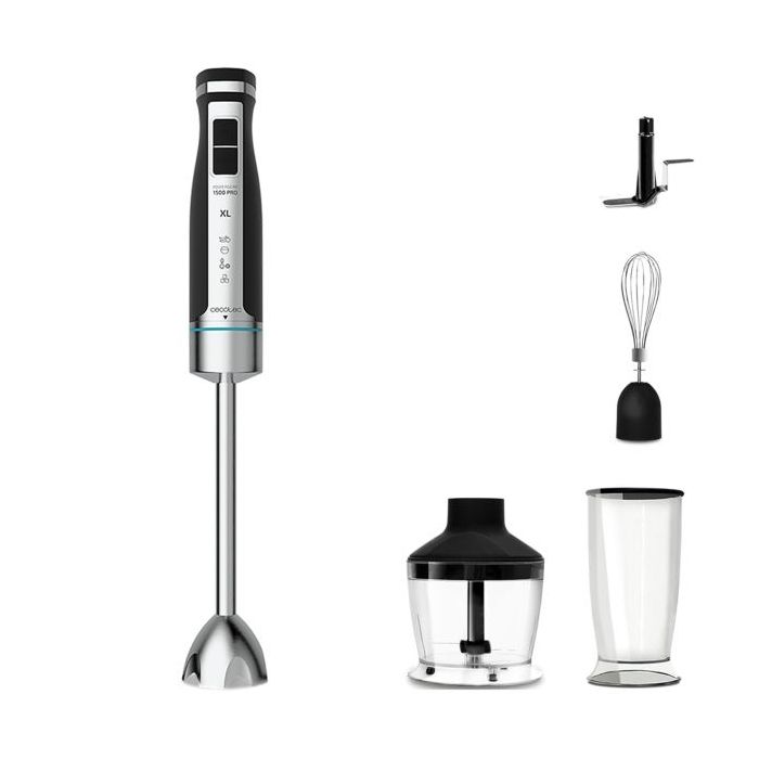 Cecotec PowerGear 1500 XL Pro Batidora de Mano - 1500W - Vaso de 0.8L - Picadora de 0.6L - Velocidad Ajustable - Incluye Accesorios - Cuchillas Recubiertas de Titanio - Modo Turbo - Color Acero