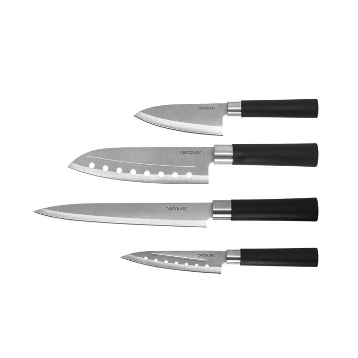 Cecotec santoku Pack de 4 Cuchillos Profesionales - Hoja de 2mm de Grosor - Acero Inoxidable con Base de Carbono - Mango Ergonomico - Estilo Japones - Estuche - Apto para Lavavajillas - Color Negro