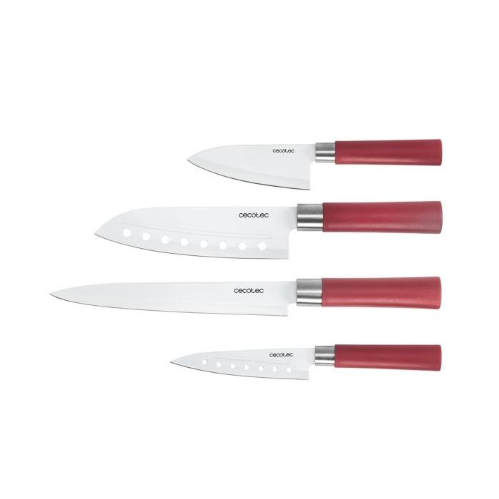 Cecotec santoku Pack de 4 Cuchillos Profesionales - Hoja de 2mm de Grosor - Recubrimiento Ceramico - Acero Inoxidable con Base de Carbono - Estilo Japones - Estuche - Aptos para Lavavajillas - Color Rojo