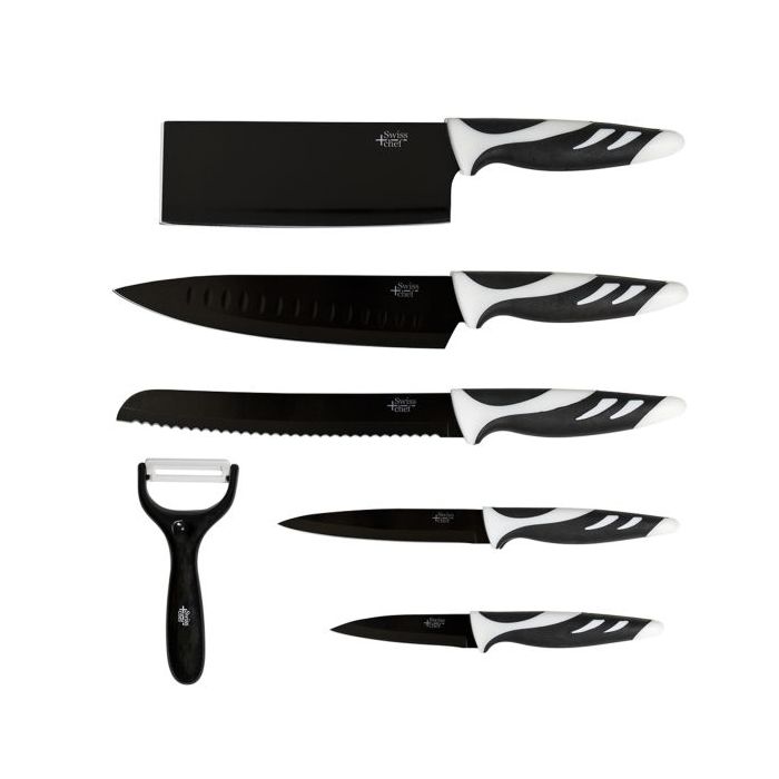 Cecotec Swiss Pack de 6 Cuchillos Profesionales - Hojas de 2mm de Grosor - Acero Inoxidable y Ceramica - Mango Antideslizante - Recubrimiento Antiadherente y Antibacteriano - Estuche - Color Negro
