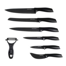 Cecotec titanium Pack de 7 Cuchillos Profesionales - Hoja de 2mm de Grosor - Acero Inoxidable con Recubrimiento Ceramico - Mango de Polipropileno - Aptos para Lavavajillas - Estilo Japones - Color Negro