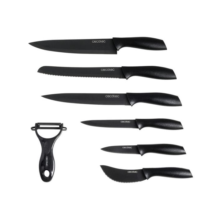 Cecotec titanium Pack de 7 Cuchillos Profesionales - Hoja de 2mm de Grosor - Acero Inoxidable con Recubrimiento Ceramico - Mango de Polipropileno - Aptos para Lavavajillas - Estilo Japones - Color Negro