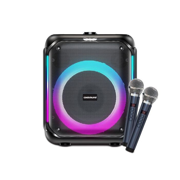Coolsound Partybox Altavoz Karaoke 8" - Bluetooth - 30W - Iluminacion RGB - 2 Microfonos Inalambricos Incluidos - Entrada para Instrumentos y Microfonos Adicionales - Color Negro