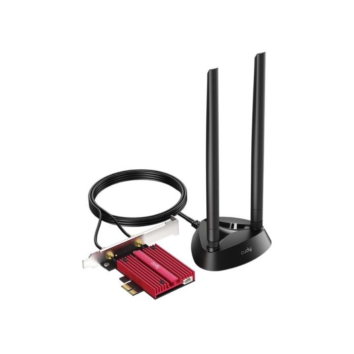 Cudy Adaptador de Red PCIe Tribanda WiFi 7 BE9300 - Bluetooth 5.4 - Disipador Termico - Base de Antena Magnetizada - Color Negro/Rojo