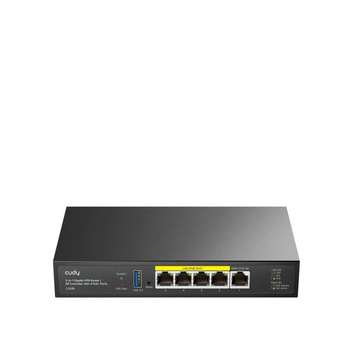 Cudy Router VPN - Ethernet 1Gbps - 4 Salidas GbE PoE - 60W - Administra hasta 200 Puntos de Acceso - USB 3.0 - Indicadores LED - Metal - 190x100x28mm - Color Negro