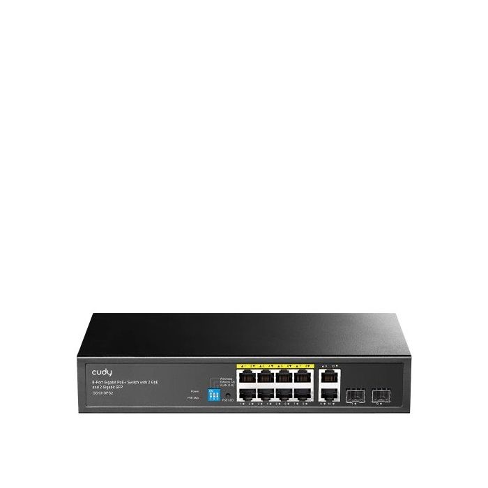 Cudy Switch 12 Puertos - Capacidad Conmutacion 24Gbps - 8x RJ45 PoE+ - 2x RJ45 GbE - 2x Gigabit SFP - Reinicio Automatico - Indicadores LED - 256x170x44mm - Color Negro