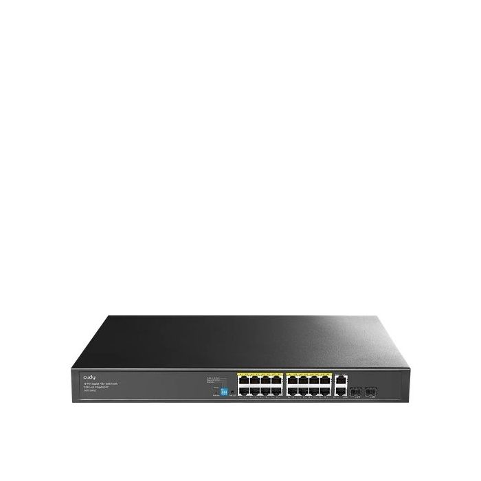 Cudy Switch 20 Puertos - Capacidad Conmutacion 40Gbps - 16x RJ45 PoE+ - 2x RJ45 GbE - 2x Gigabit SFP - Reinicio Automatico - Indicadores LED - 440x180x44mm - Color Negro