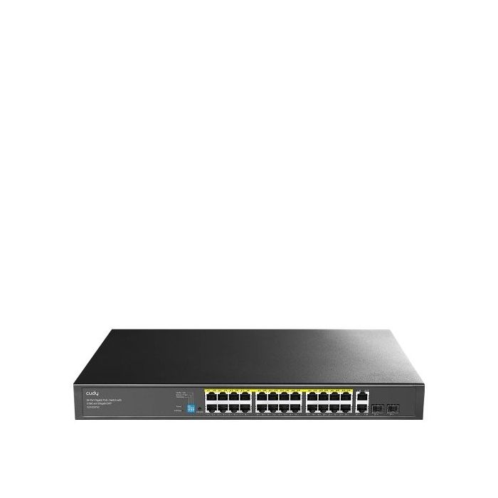 Cudy Switch 28 Puertos - Capacidad Conmutacion 56Gbps - 24x RJ45 PoE+ - 2x RJ45 GbE - 2x Gigabit SFP - Reinicio Automatico - Indicadores LED - 440x180x44mm - Color Negro
