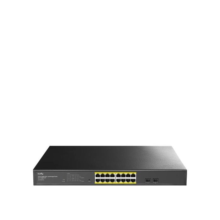 Cudy Switch Administrado de 18 Puertos - Capacidad Conmutacion 36Gbps - 16x RJ45 PoE+ - 2x Gigabit SFP - Reinicio Automatico - Vigilancia IGMP - Prevencion de Bucles - 440x220x44mm - Color Negro
