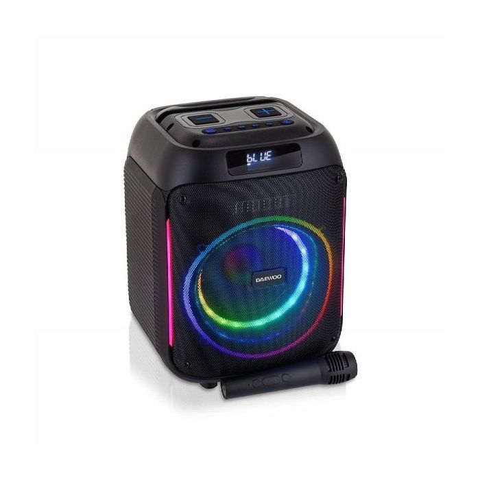 Daewoo Altavoz Karaoke Inalambrico - 40W - Bluetooth - Radio FM - Bateria 2000mAh - Microfono Incluido - MicroSD - Jack 3.5mm - USB - Luz LED RGB - Recargable - Color Negro