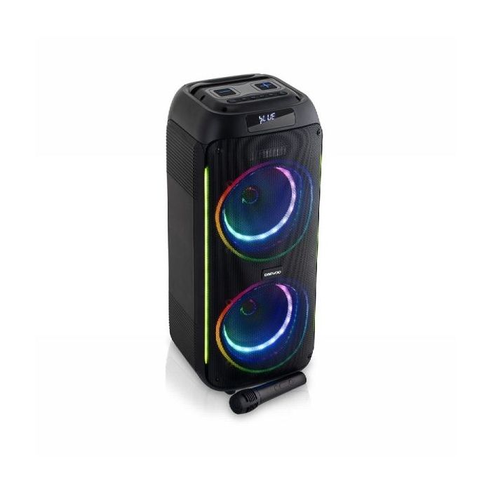 Daewoo Altavoz Karaoke Inalambrico - 40W - Bluetooth - Radio FM - Bateria 2000mAh - Microfono Incluido - MicroSD - Jack 3.5mm - USB - Luz LED RGB - Recargable - Color Negro