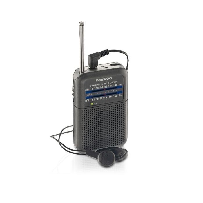 Daewoo DW1008 Radio Portatil AM/FM - Antena Telescopica y Sintonizacion Analogica Precisa - Altavoz Integrado - Salida Auriculares Jack 3.5mm - Compacto y Ligero para Uso Diario - Color Gris