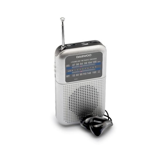 Daewoo DW1008 Radio Portatil AM/FM - Antena Telescopica y Sintonizacion Analogica Precisa - Altavoz Integrado - Salida Auriculares Jack 3.5mm - Compacto y Ligero para Uso Diario - Color Plata