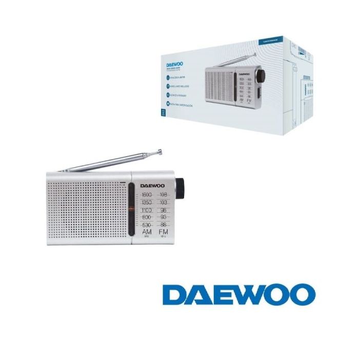 Daewoo DW1037 Radio Portatil AM/FM Analogica - Antena Telescopica - Altavoz Integrado - Incluye Auriculares - Salida Jack 3.5mm - Funcionamiento a Pilas (2xAA) - Rueda de Sintonizacion Precisa - Color Azul Plateado