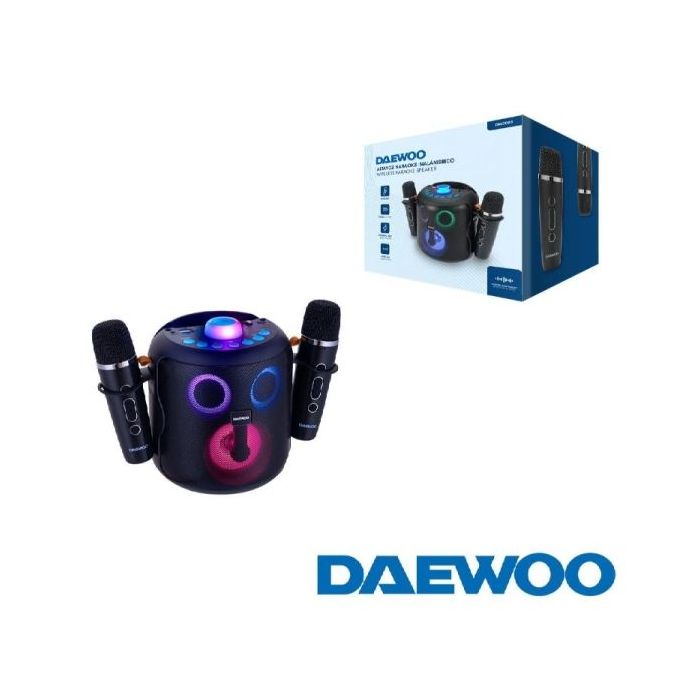 Daewoo DW3008 Altavoz Karaoke Portatil Bluetooth 5.4 de 15W - 2 Microfonos Inalambricos - Luces LED - Radio FM - USB/SD/Aux - Bateria 1800mAh - Carga USB‑C - Asa de Transporte y Soporte para Movil - Color Negro