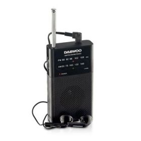 Daewoo Radio AM/FM - Alimentacion a Pilas - Jack 3.5mm - Antena Telescopica - Altavoz Integrado - 130x70x28mm - Color Negro