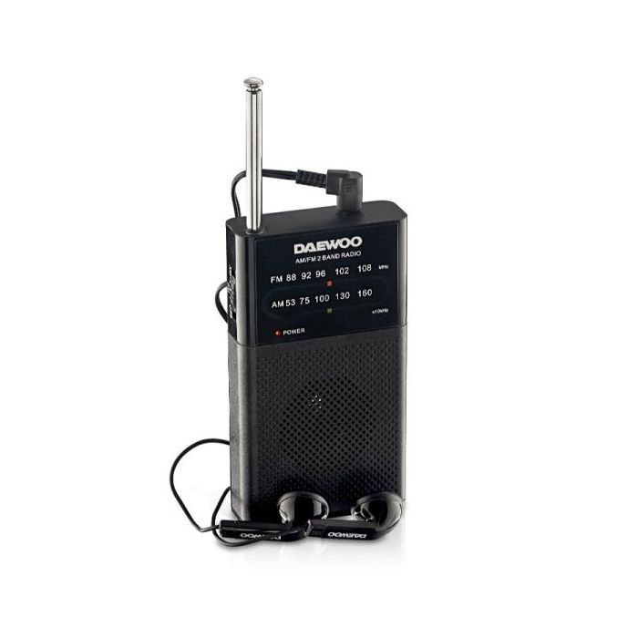 Daewoo Radio AM/FM - Alimentacion a Pilas - Jack 3.5mm - Antena Telescopica - Altavoz Integrado - 130x70x28mm - Color Negro