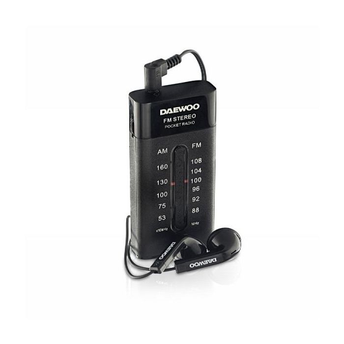 Daewoo Radio AM/FM - Alimentacion a Pilas - Jack 3.5mm - Sintonizacion Manual - Auriculares Incluidos - 95x70x30mm - Color Negro
