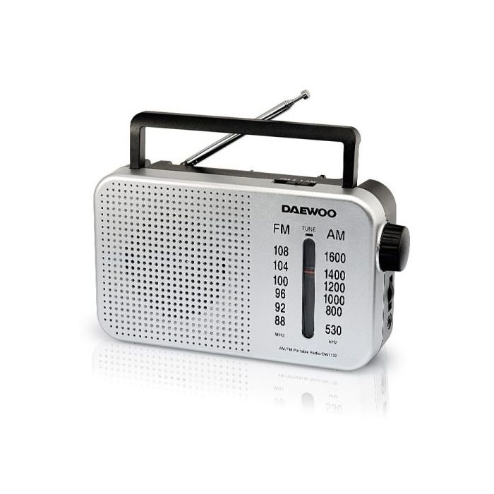 Daewoo Radio AM/FM - Cable 15cm - Jack 3.5mm - Antena Telescopica - Altavoz Integrado - Asa de Transporte - 22x7.5x15cm - Color Gris