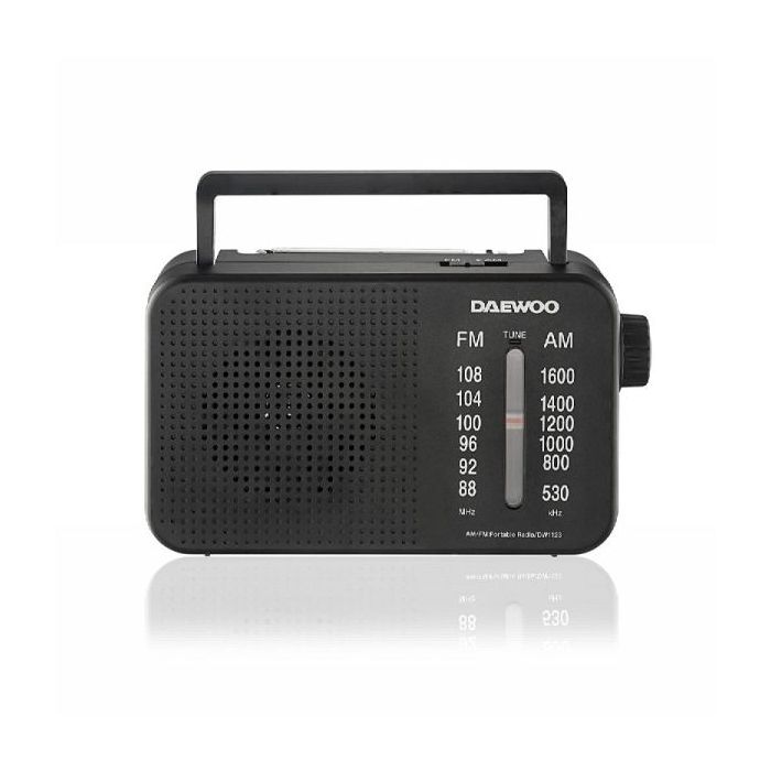Daewoo Radio AM/FM - Jack 3.5mm - Antena Telescopica - Altavoz Integrado - Asa de Transporte - 22x7.5x15cm - Color Negro