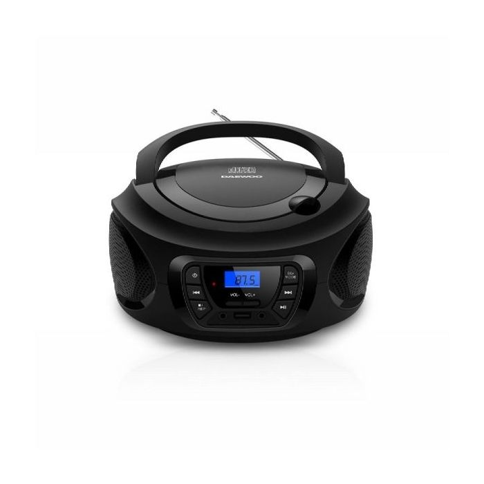 Daewoo Radio CD - USB - Jack 3.5mm - Bluetooth - Sintonizacion Automatica - Asa de Transporte - Pantalla LCD - Color Negro y Azul