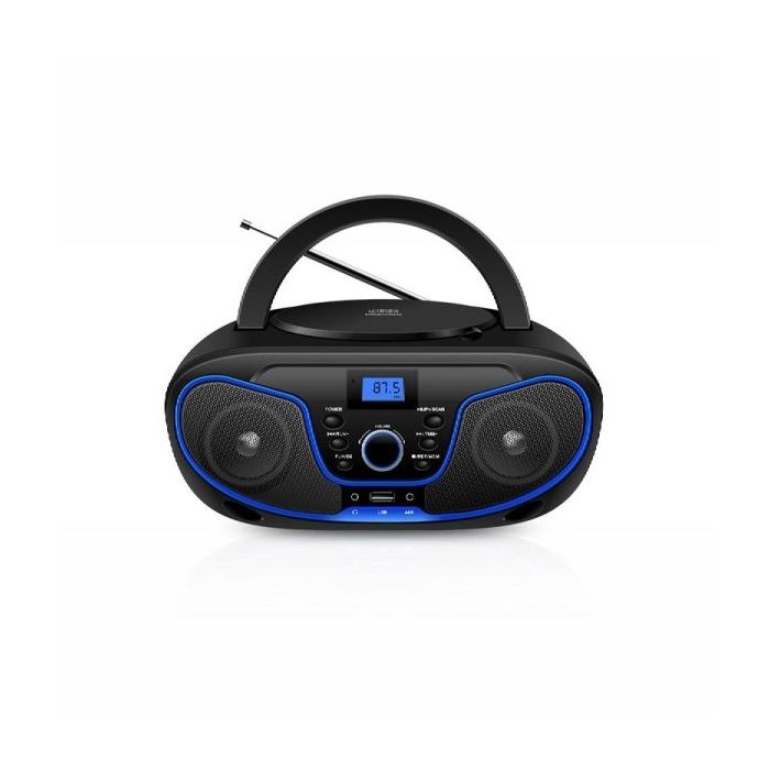 Daewoo Radio CD - USB - Jack 3.5mm - Bluetooth - Sintonizacion Automatica - Asa de Transporte - Pantalla LCD - Color Negro y Azul