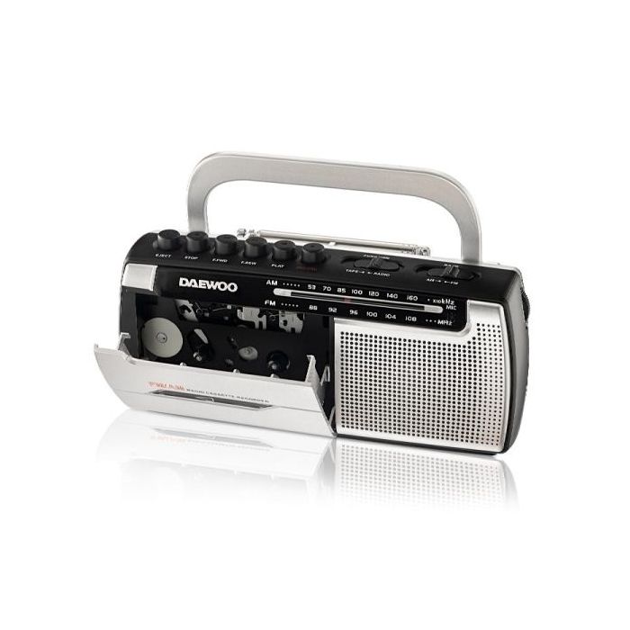 Daewoo Radio Grabadora Cassette AM/FM - Alimentacion a Pilas - Jack 3.5mm - Microfono Integrado - Altavoz Integrado - Asa de Transporte - Color Gris
