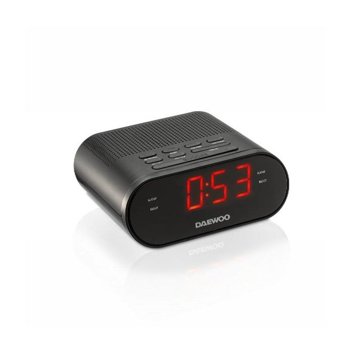Daewoo Radio Reloj Despertador AM/FM - Cable 1.5m - Pantalla LED - Jack 3.5mm - 131x120x58mm - Color Negro