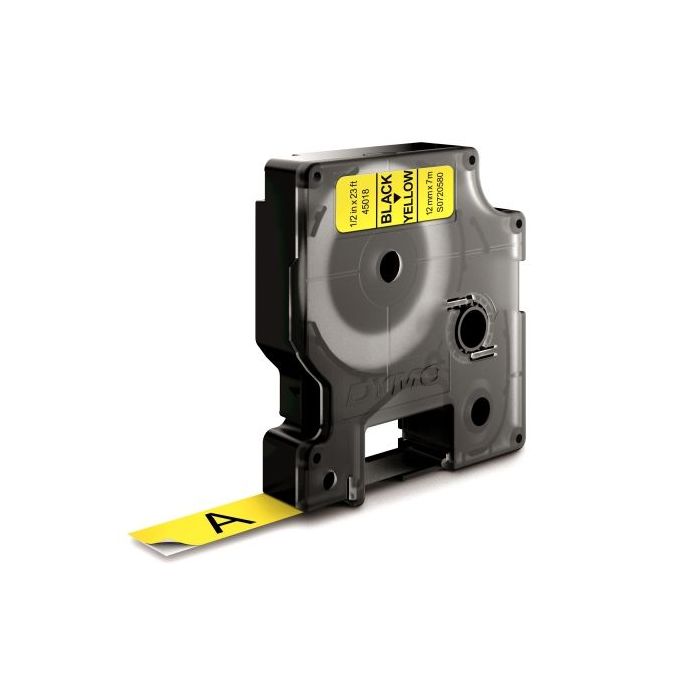Dymo LM D1 45018 Cinta de Etiquetas Original para Rotuladora - Texto Negro sobre Fondo Amarillo - Ancho 12mm x Largo 7m