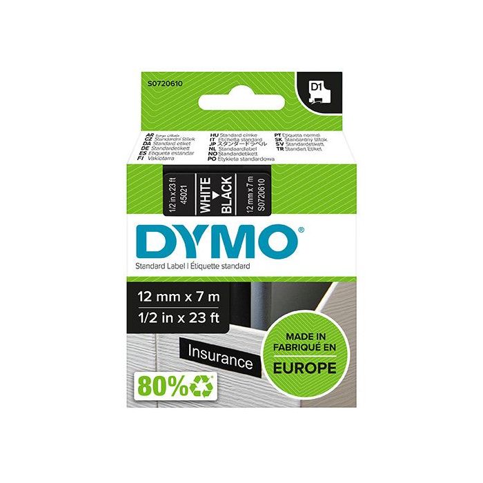 Dymo LM D1 45021 Cinta de Etiquetas Original para Rotuladora - Texto Blanco sobre Fondo Negro - Ancho 12mm x Largo 7m