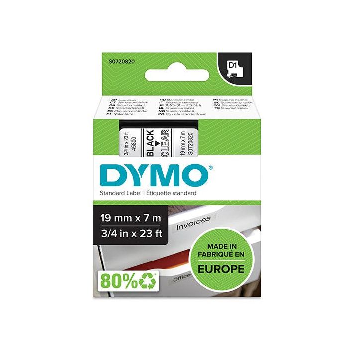 Dymo LM D1 45800 Cinta de Etiquetas Original para Rotuladora - Texto Blanco sobre Fondo Negro - Ancho 19mm x Largo 7m