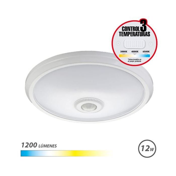 Elbat Aplique de Superficie LED 12W - 1200Lm - Selector 3 Temperaturas - Sensor de Luz Ambiental - Temporizador - Color Blanco