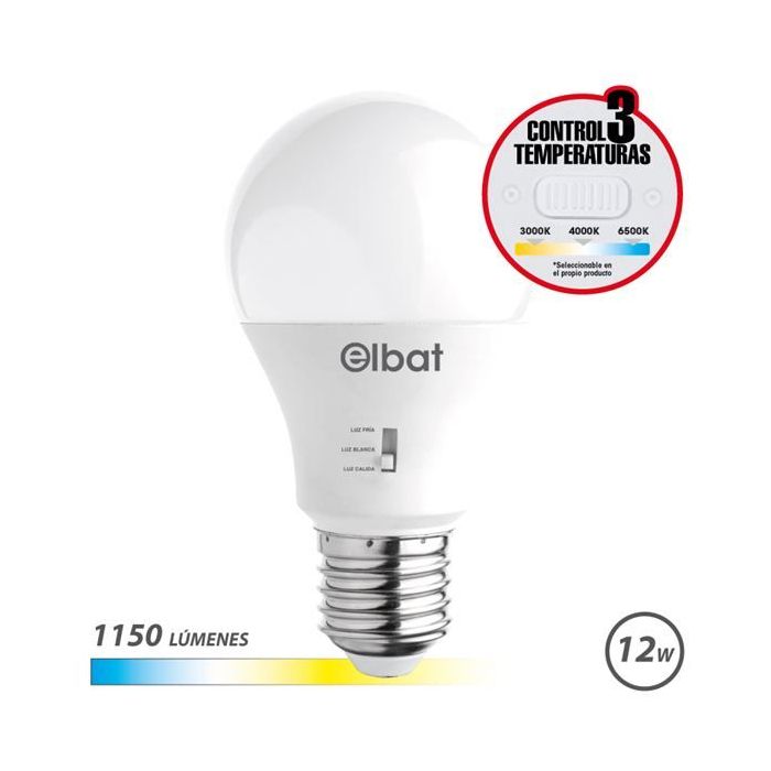 Elbat Bombilla LED A60 - 12W - 1150Lm - E27 - Selector de Luz - Calida 3000K, Blanca 4000K y Fria 6500K