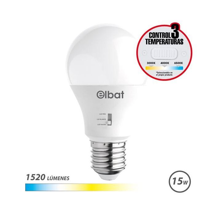 Elbat Bombilla LED A60 - 15W - 1520Lm - E27 - Selector de Luz - Calida 3000K, Blanca 4000K y Fria 6500K
