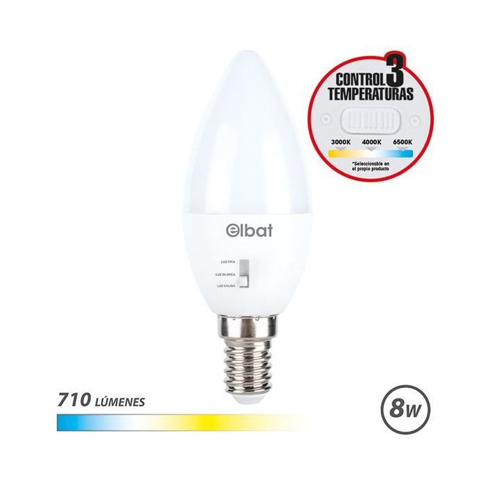 Elbat Bombilla LED C37 - 8W - 710Lm - E14 - Selector de Luz - Calida 3000K, Blanca 4000K y Fria 6500K